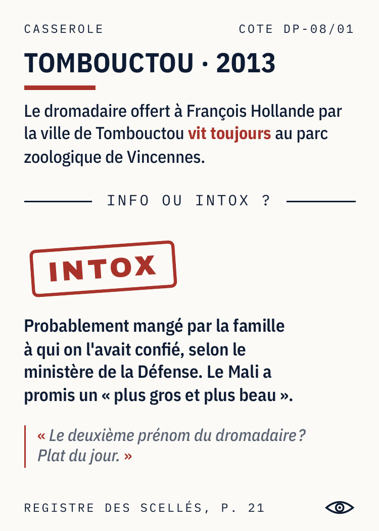 Casserole Tombouctou 2013, verdict Intox